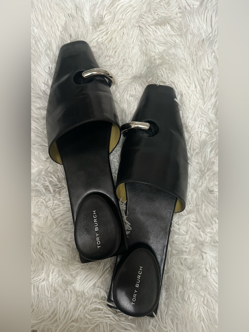 Tory Burch Black Leather Slide Mules with Silver Hardware